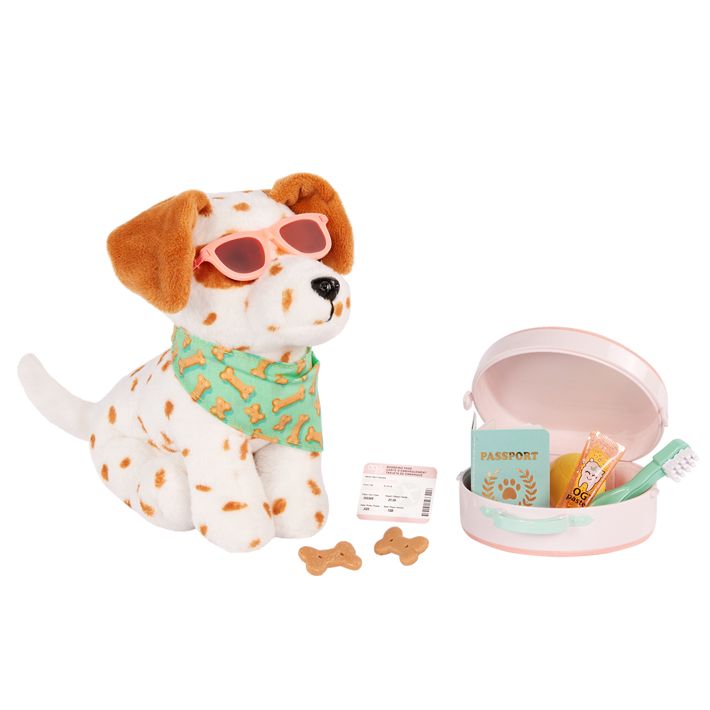 Summer Holiday Puppy - 15cm OG Pup with Travel Accessories - OG Pup with White & Brown Fur - Pets for Dolls - Doll Accessory - Our Generation