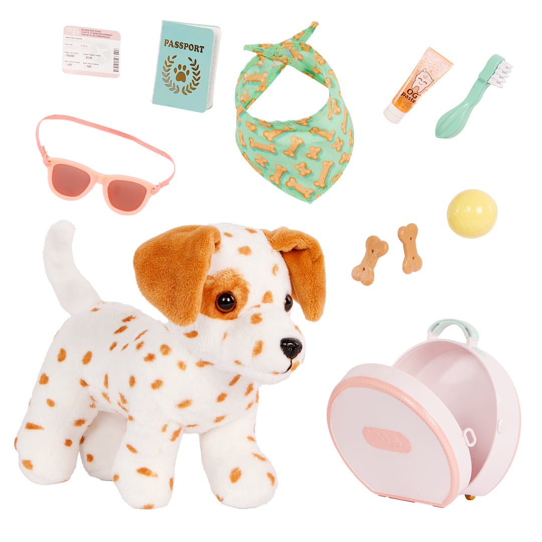 Summer Holiday Puppy - 15cm OG Pup with Travel Accessories - OG Pup with White & Brown Fur - Pets for Dolls - Doll Accessory - Our Generation