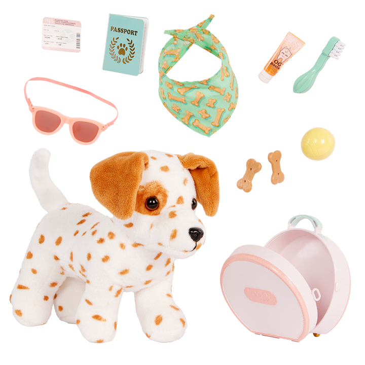 Summer Holiday Puppy - 15cm OG Pup with Travel Accessories - OG Pup with White & Brown Fur - Pets for Dolls - Doll Accessory - Our Generation