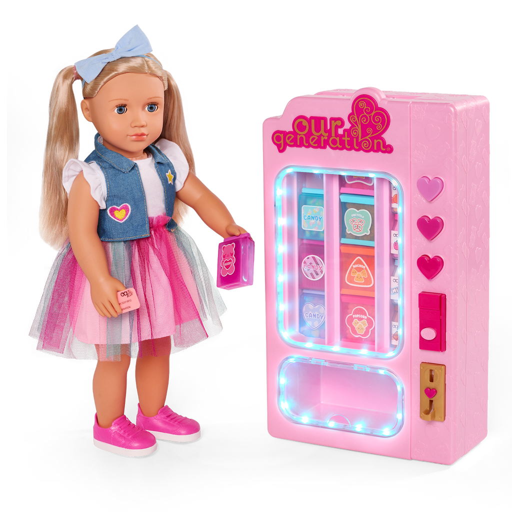 Snacktime Fun Vending Machine  - Pink Vending Machine with Pretend Food Accessories - Accessory with Lights & Sounds - Doll Accessory - Our Generation UK