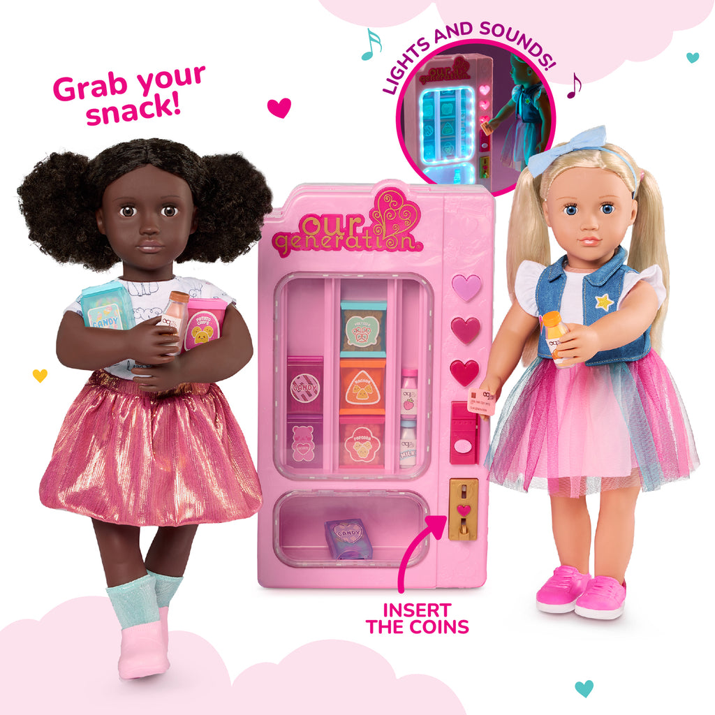 Snacktime Fun Vending Machine  - Pink Vending Machine with Pretend Food Accessories - Accessory with Lights & Sounds - Doll Accessory - Our Generation UK