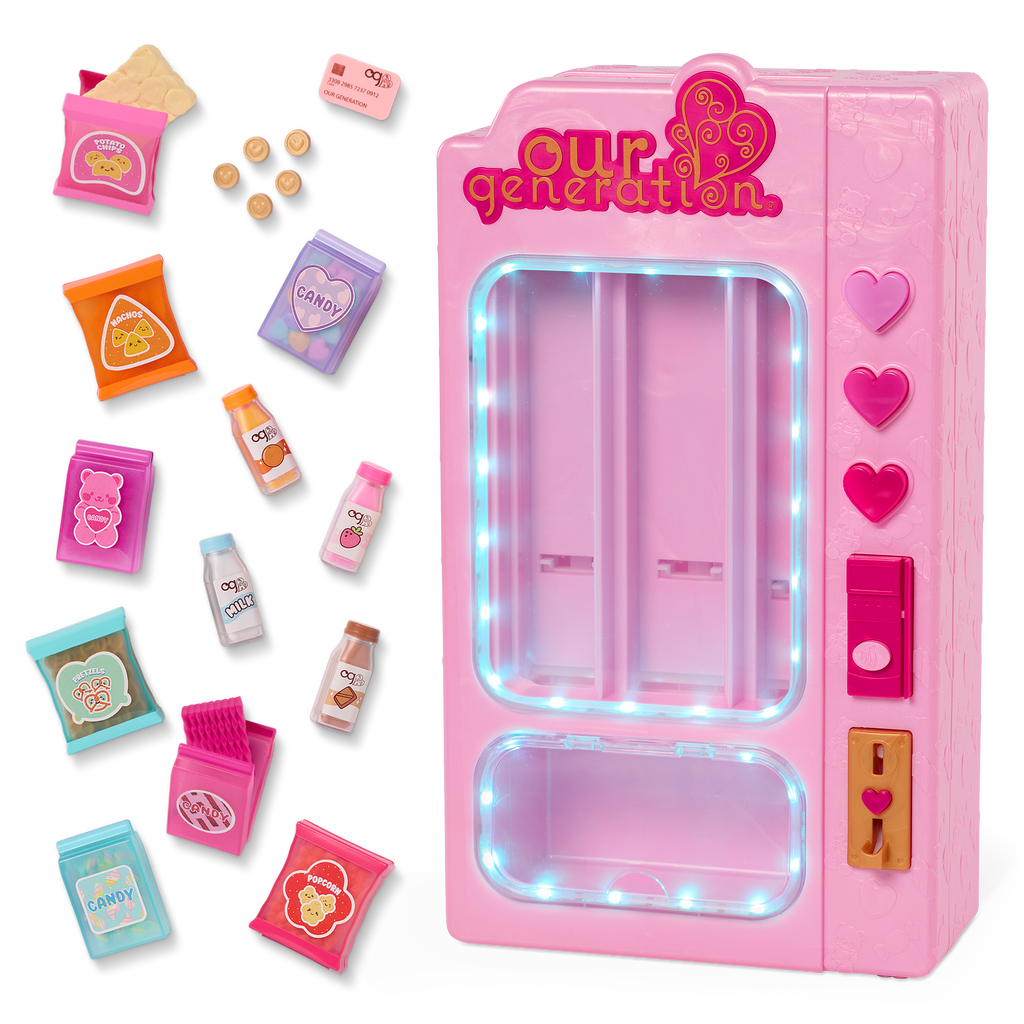 Snacktime Fun Vending Machine  - Pink Vending Machine with Pretend Food Accessories - Accessory with Lights & Sounds - Doll Accessory - Our Generation UK