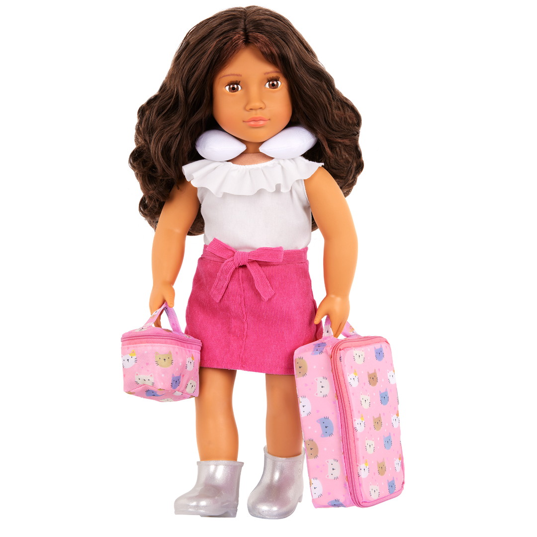 Purrfectly Packed - Cat Inspired Travel Set for 46cm Dolls - Pink Suitcase with Cat Print & Accessories - OG Accessory - Our Generation UK