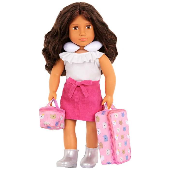 Purrfectly Packed - Cat Inspired Travel Set for 46cm Dolls - Pink Suitcase with Cat Print & Accessories - OG Accessory - Our Generation UK