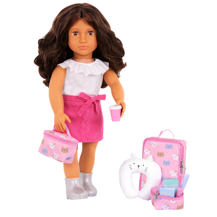Purrfectly Packed - Cat Inspired Travel Set for 46cm Dolls - Pink Suitcase with Cat Print & Accessories - OG Accessory - Our Generation UK