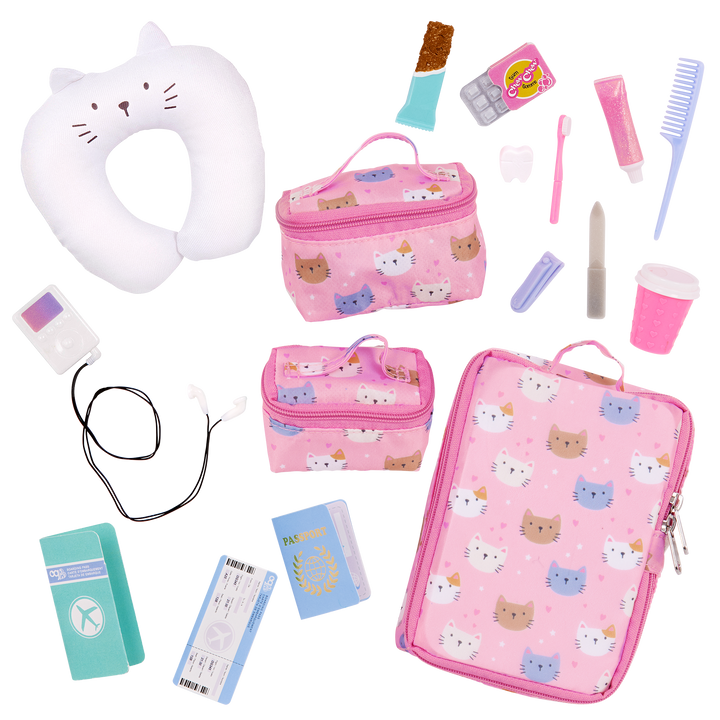 Purrfectly Packed - Cat Inspired Travel Set for 46cm Dolls - Pink Suitcase with Cat Print & Accessories - OG Accessory - Our Generation UK