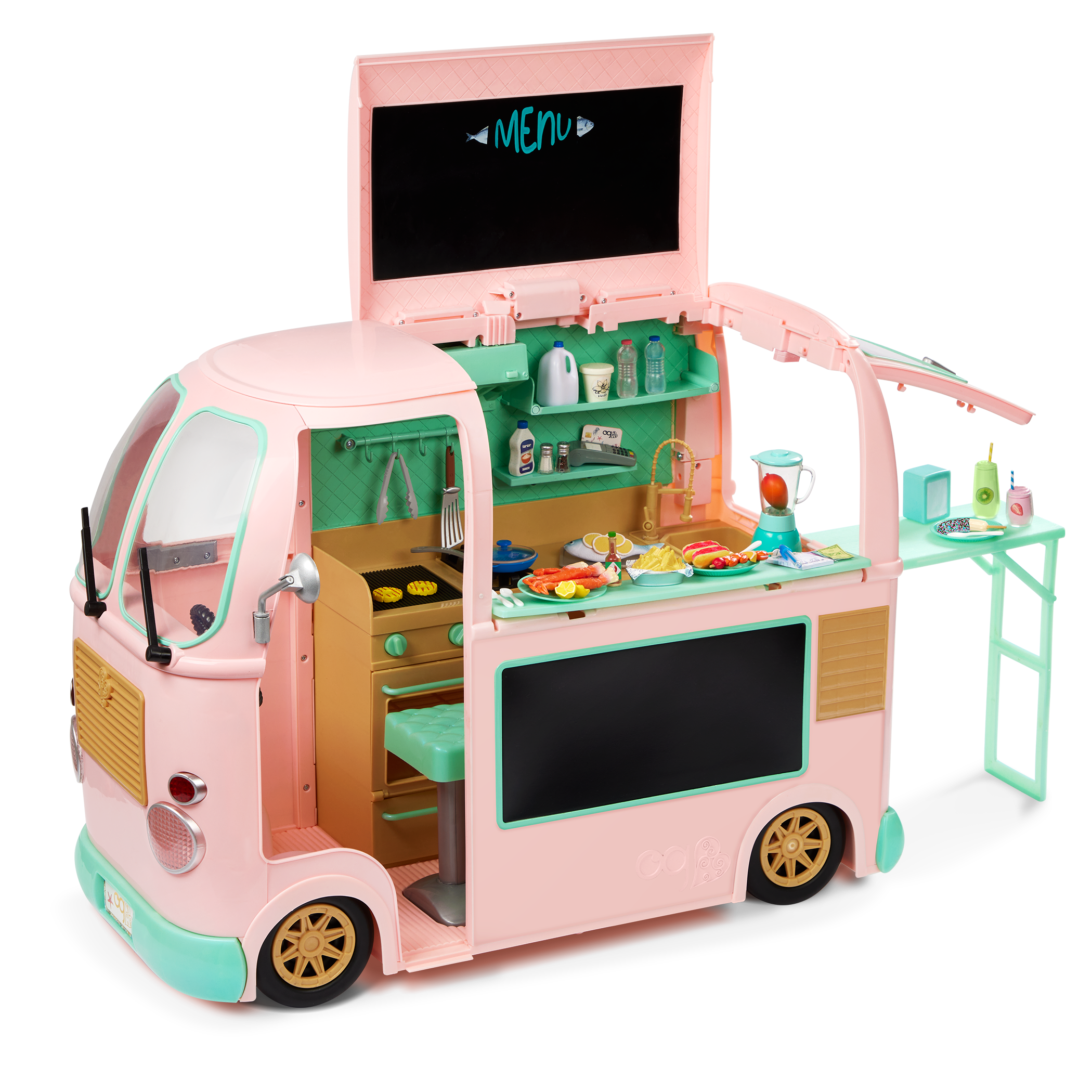 On the Move Food Truck - Vehicle for 46cm Dolls - Pink & Green - Food Accessories for Dolls - Our Generation 