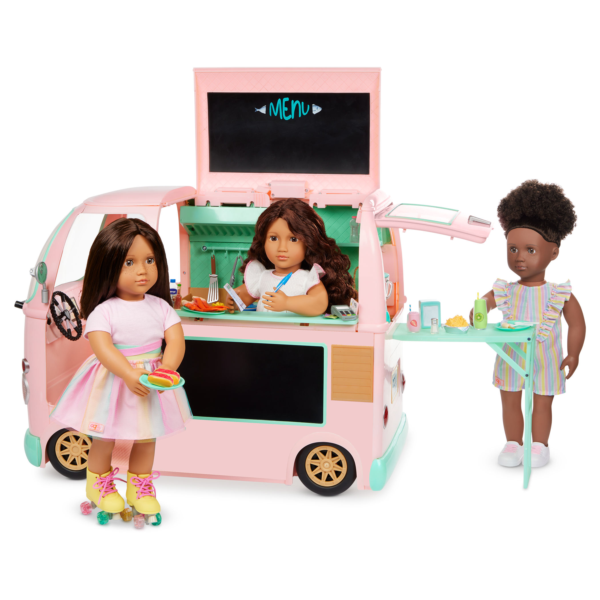 On the Move Food Truck - Vehicle for 46cm Dolls - Pink & Green - Food Accessories for Dolls - Our Generation 