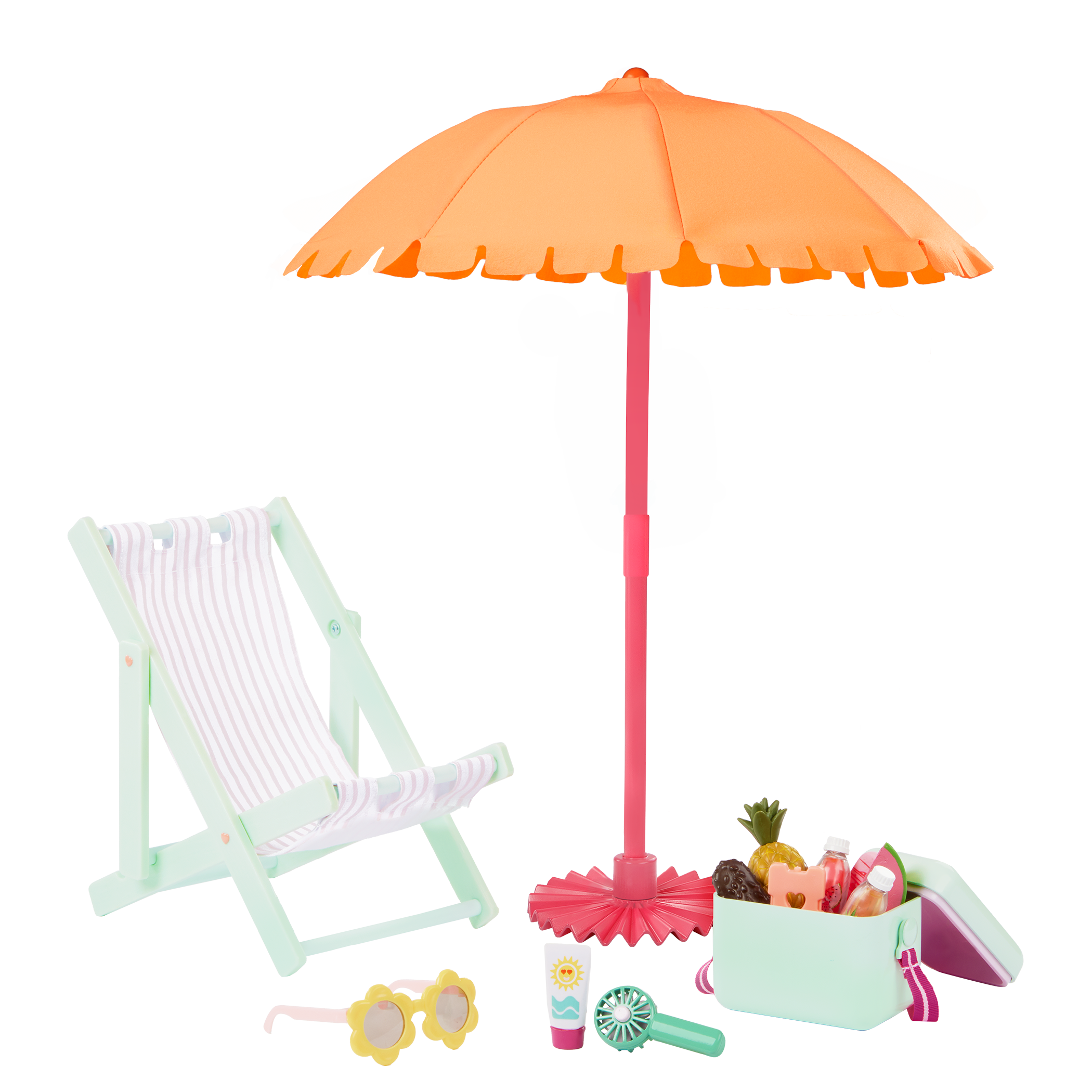 Sunny & Cool Patio Set - 46cm Beach Accessories for Dolls - Deck Chair & Umbrella - Our Generation