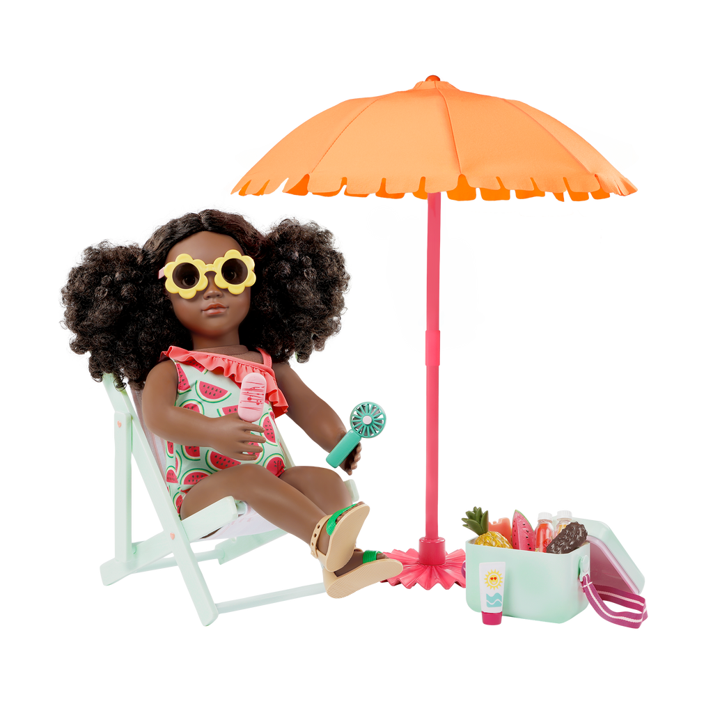 Sunny & Cool Patio Set - 46cm Beach Accessories for Dolls - Deck Chair & Umbrella - Our Generation
