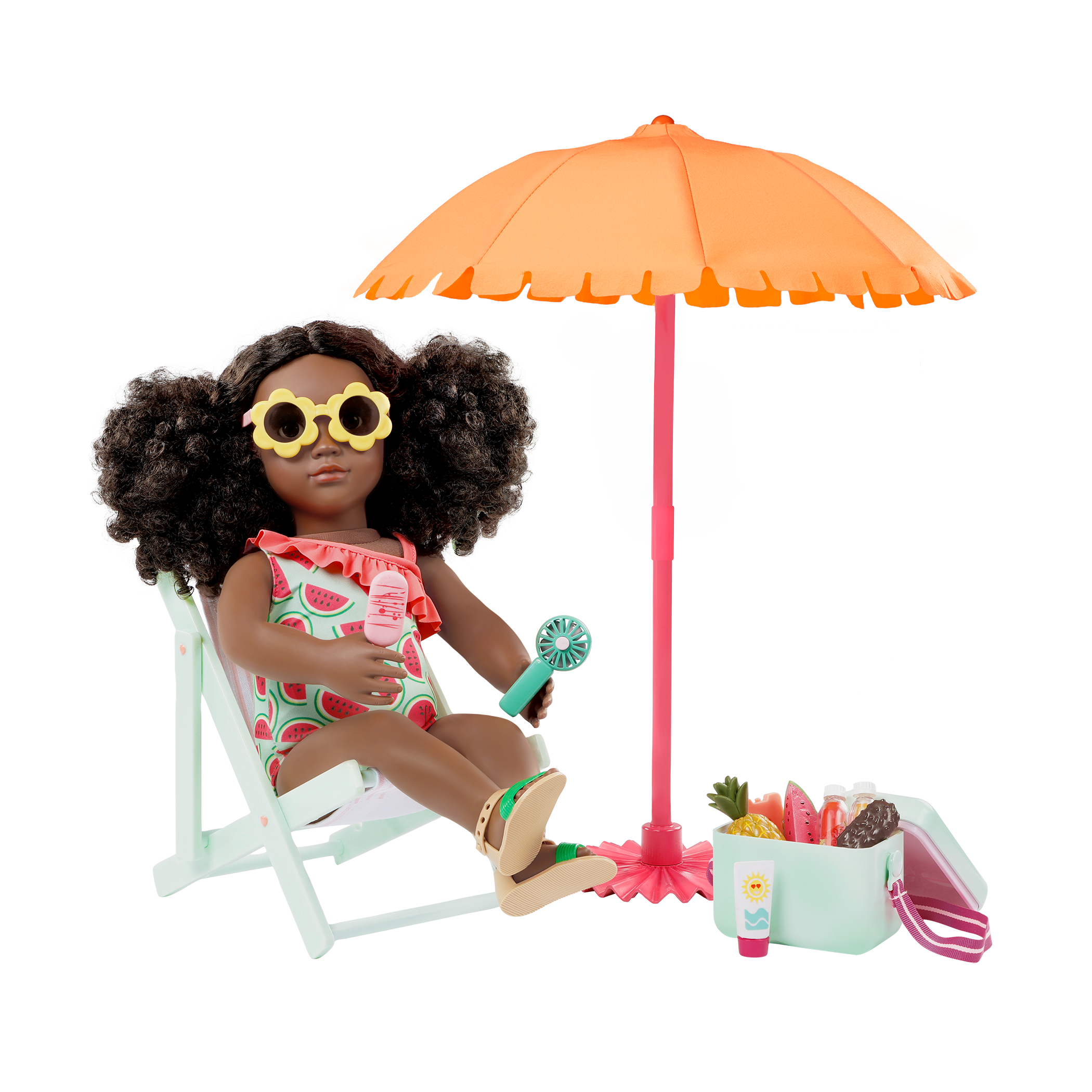 Sunny & Cool Patio Set - 46cm Beach Accessories for Dolls - Deck Chair & Umbrella - Our Generation
