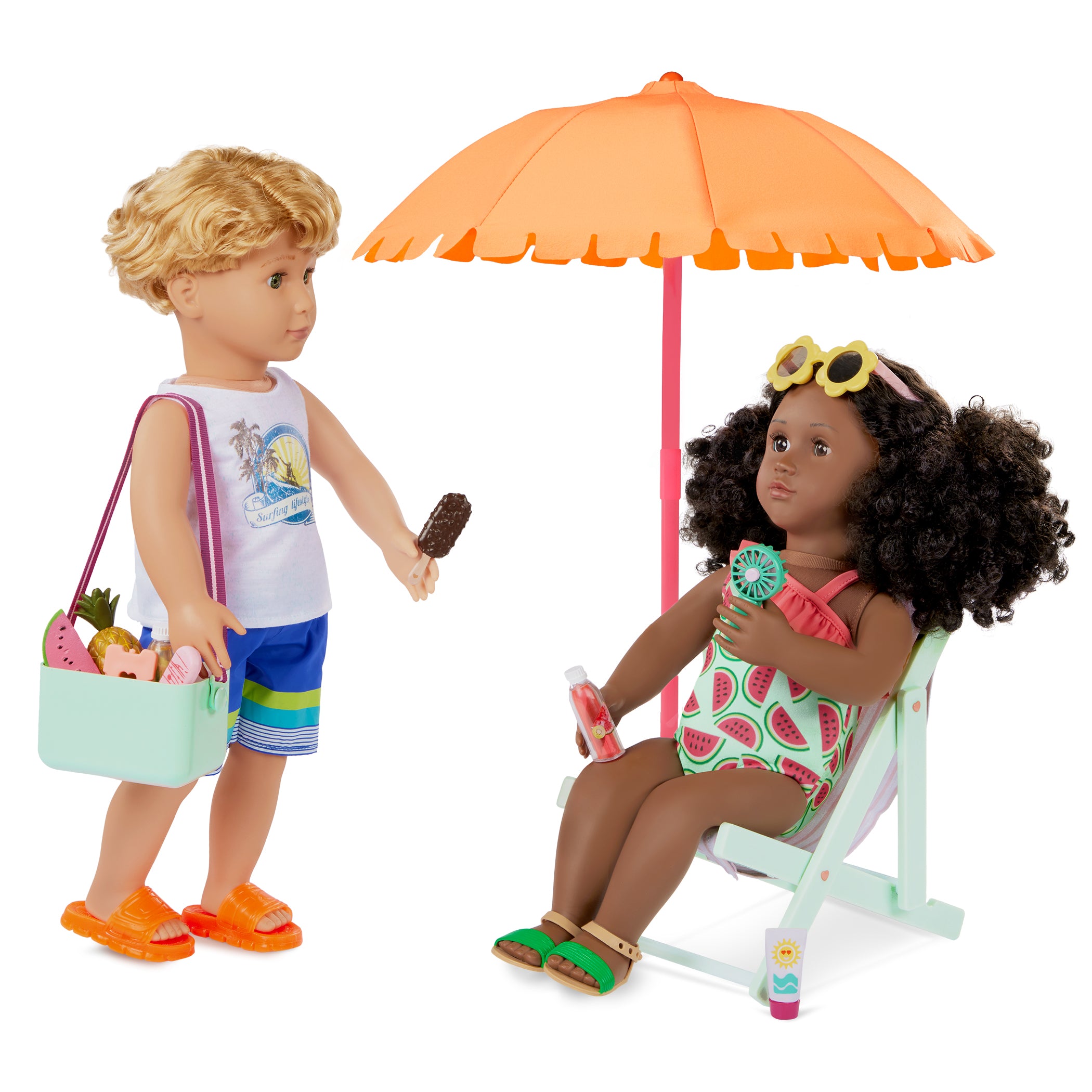 Sunny & Cool Patio Set - 46cm Beach Accessories for Dolls - Deck Chair & Umbrella - Our Generation