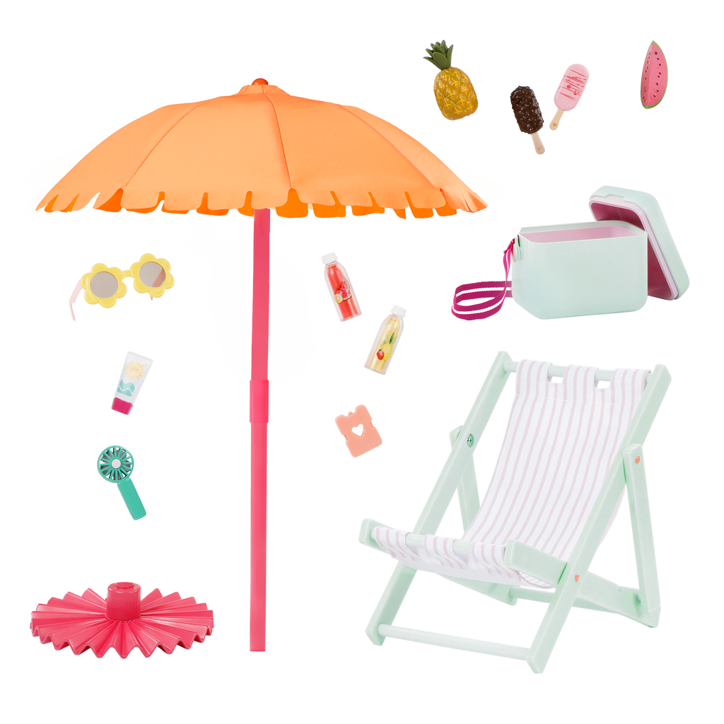 Sunny & Cool Patio Set - 46cm Beach Accessories for Dolls - Deck Chair & Umbrella - Our Generation
