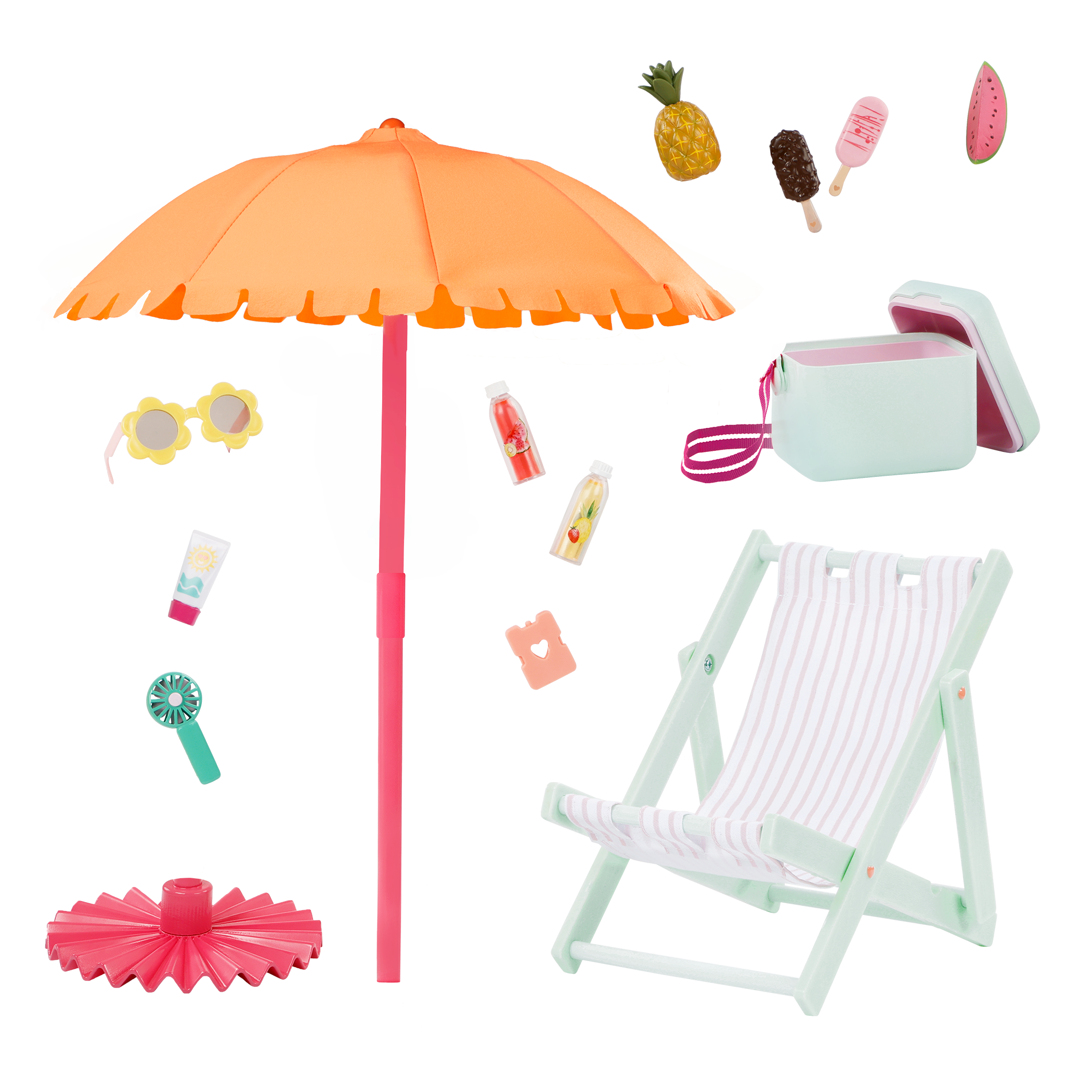 Sunny & Cool Patio Set - 46cm Beach Accessories for Dolls - Deck Chair & Umbrella - Our Generation