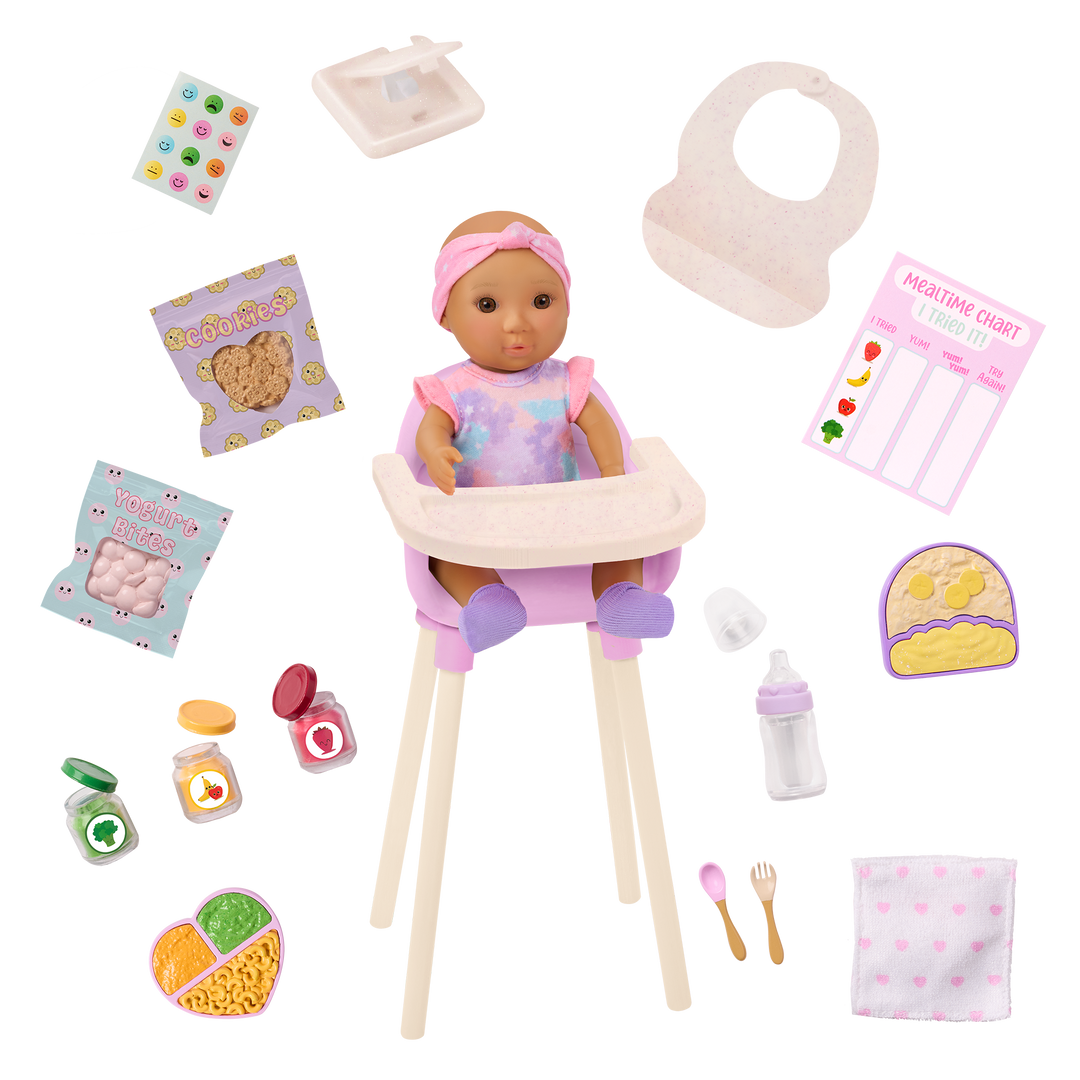 Baby Emilia - Our Generation Baby Doll with Accessories - Accessories for OG Dolls - Doll with Highchair & Feeding Accessories - Our Generation UK