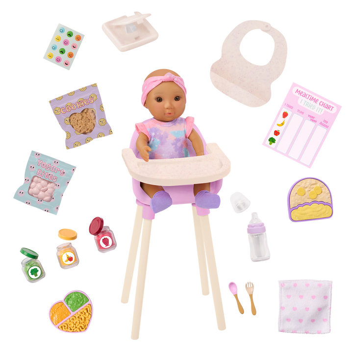Baby Emilia - Our Generation Baby Doll with Accessories - Accessories for OG Dolls - Doll with Highchair & Feeding Accessories - Our Generation UK