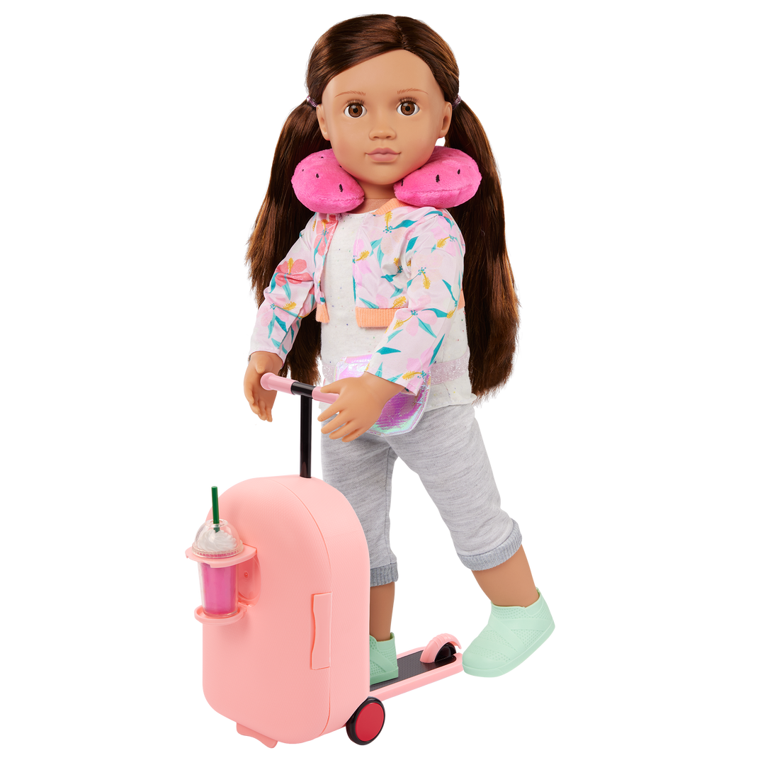 Packed Adventures - 46cm Travel Set for Dolls - Pink Suitcase with Wheels in Scooter Style - Travel Accessories for 46cm Dolls - Our Generation UK