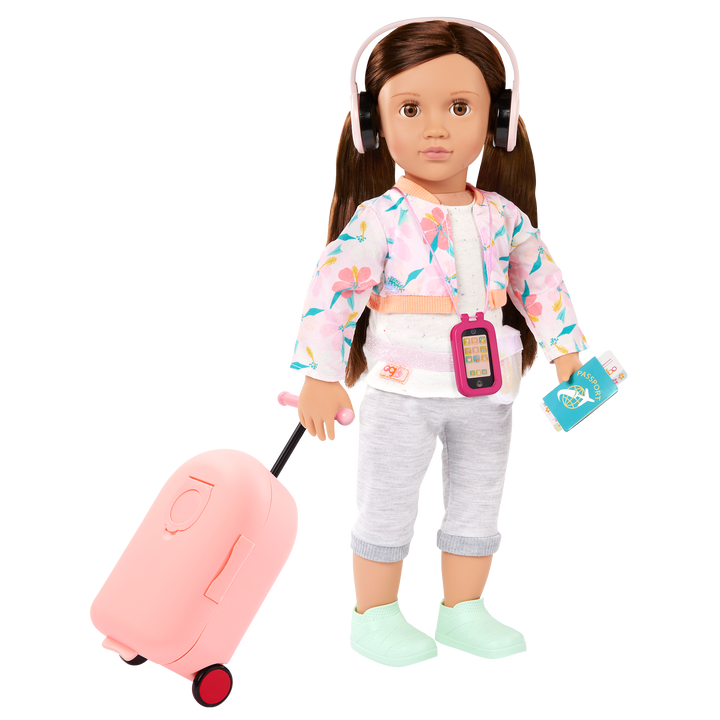 Packed Adventures - 46cm Travel Set for Dolls - Pink Suitcase with Wheels in Scooter Style - Travel Accessories for 46cm Dolls - Our Generation UK
