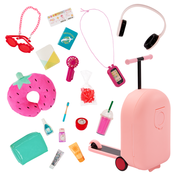 Packed Adventures - 46cm Travel Set for Dolls - Pink Suitcase with Wheels in Scooter Style - Travel Accessories for 46cm Dolls - Our Generation UK