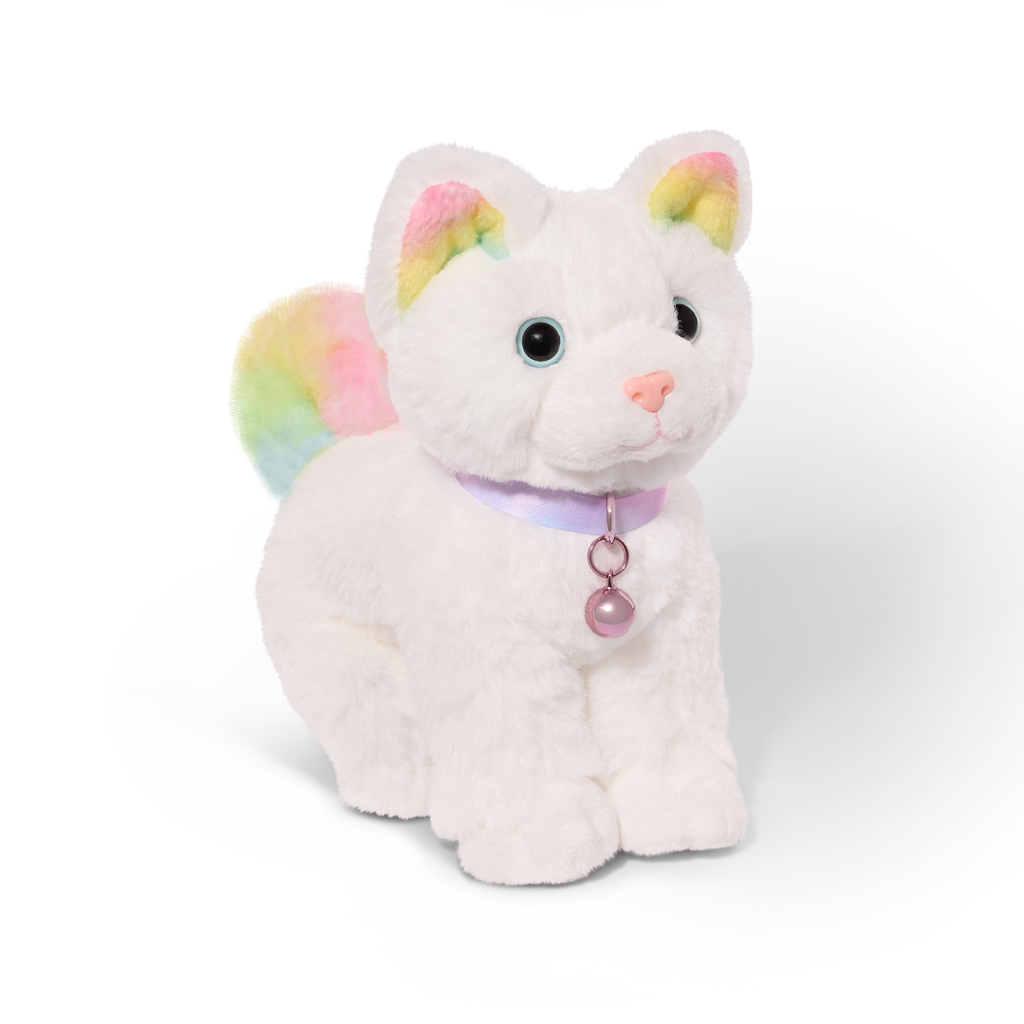 Posable Angora Cat - 15cm Plush Pet with White Fur and Rainbow Ears & Tail - Pets for Dolls - Doll Accessory - Our Generation
