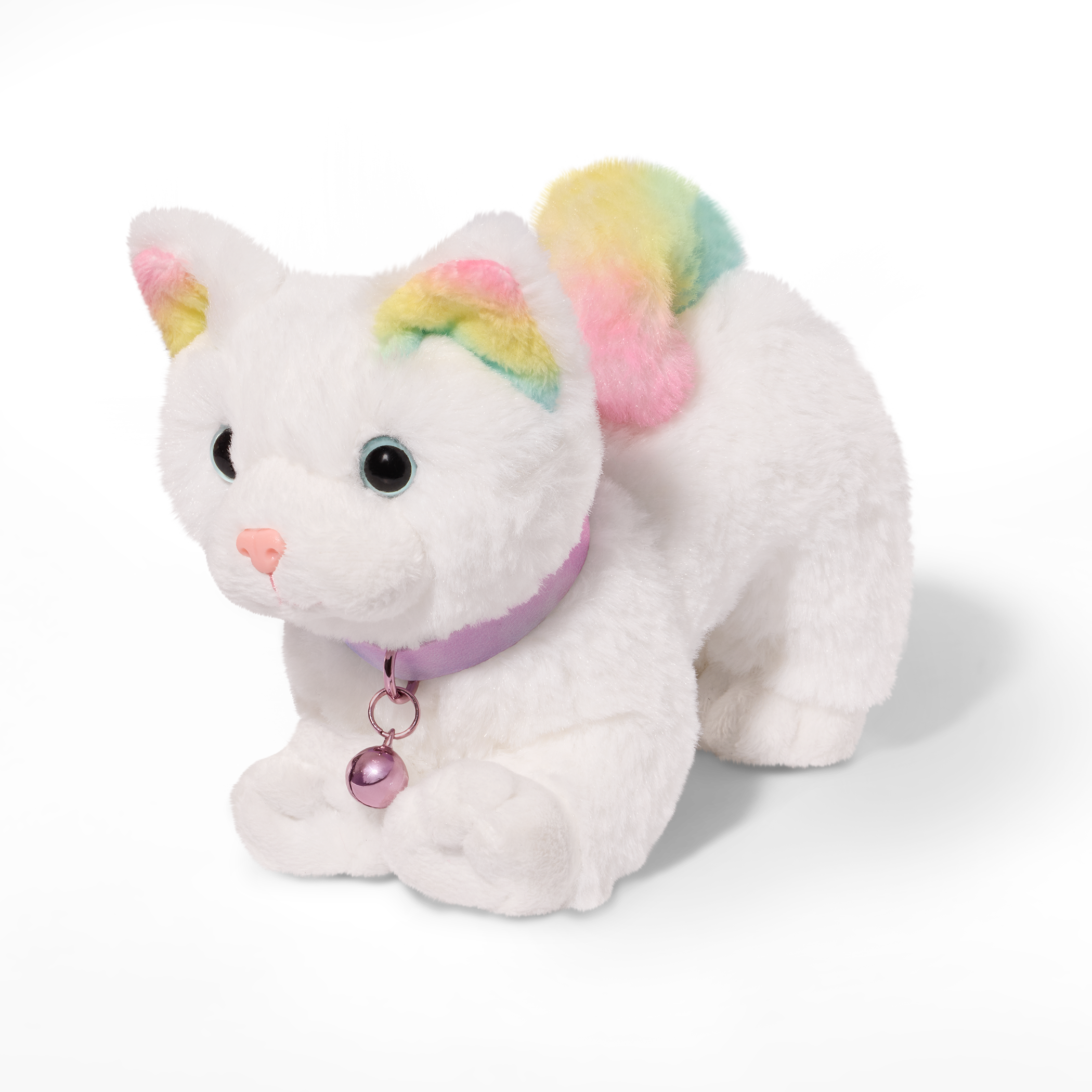Posable Angora Cat - 15cm Plush Pet with White Fur and Rainbow Ears & Tail - Pets for Dolls - Doll Accessory - Our Generation