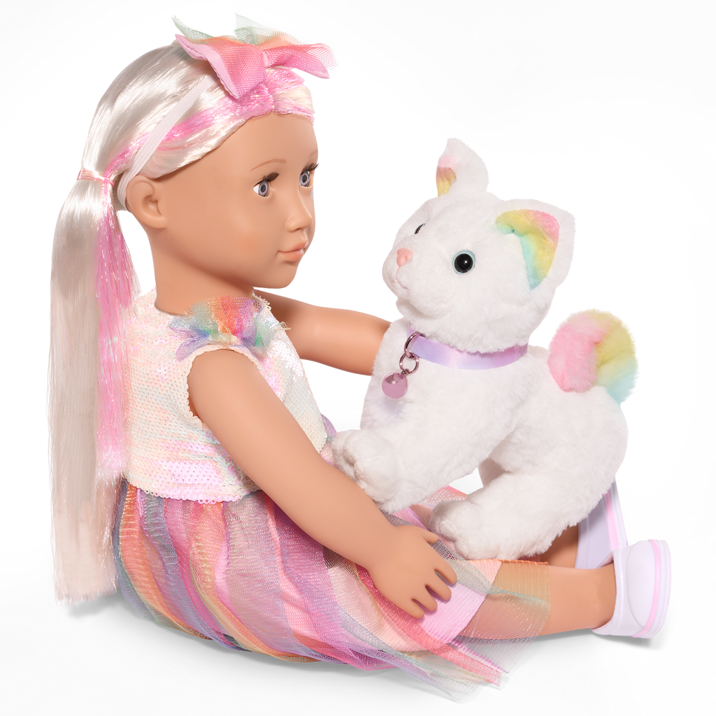 Posable Angora Cat - 15cm Plush Pet with White Fur and Rainbow Ears & Tail - Pets for Dolls - Doll Accessory - Our Generation
