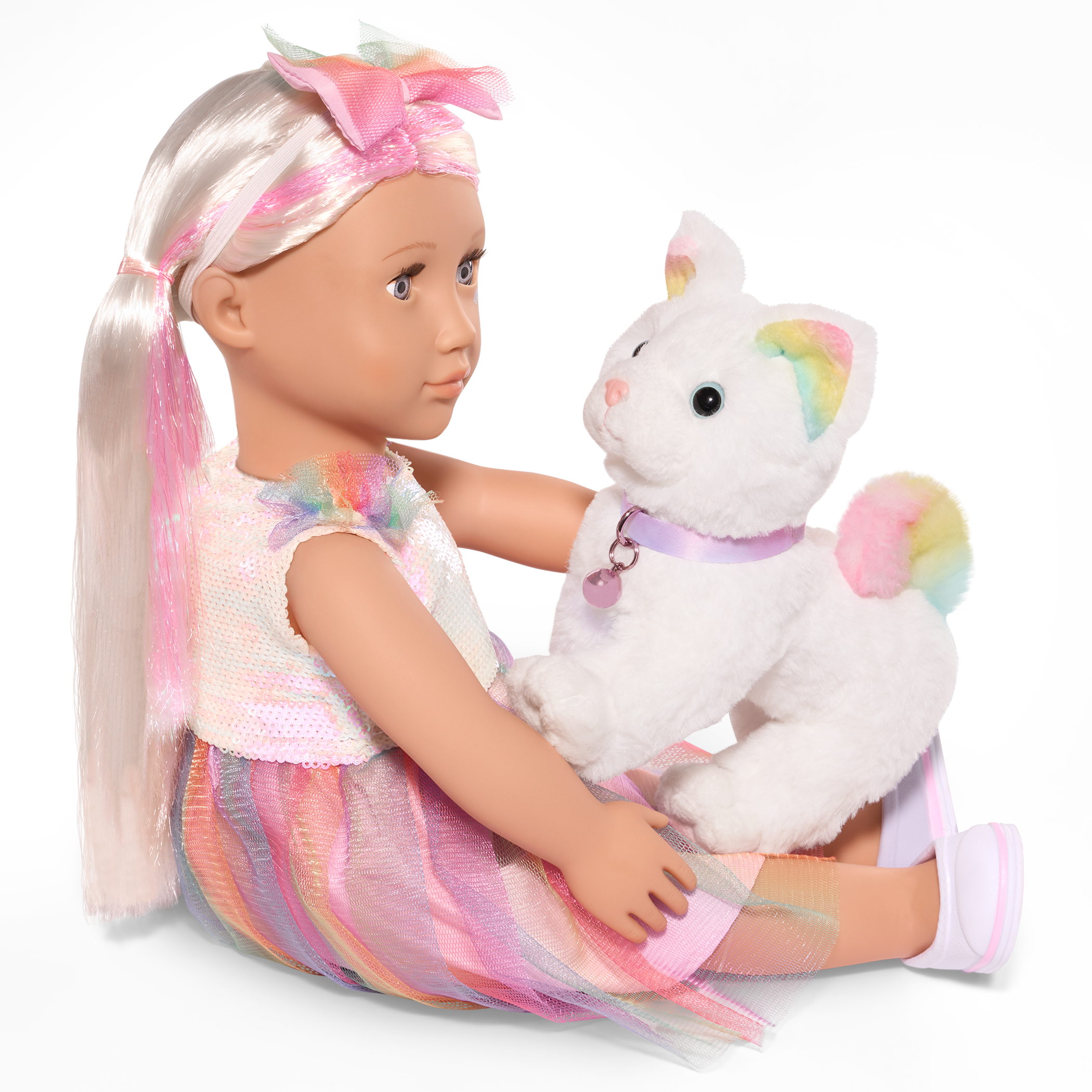 Posable Angora Cat - 15cm Plush Pet with White Fur and Rainbow Ears & Tail - Pets for Dolls - Doll Accessory - Our Generation