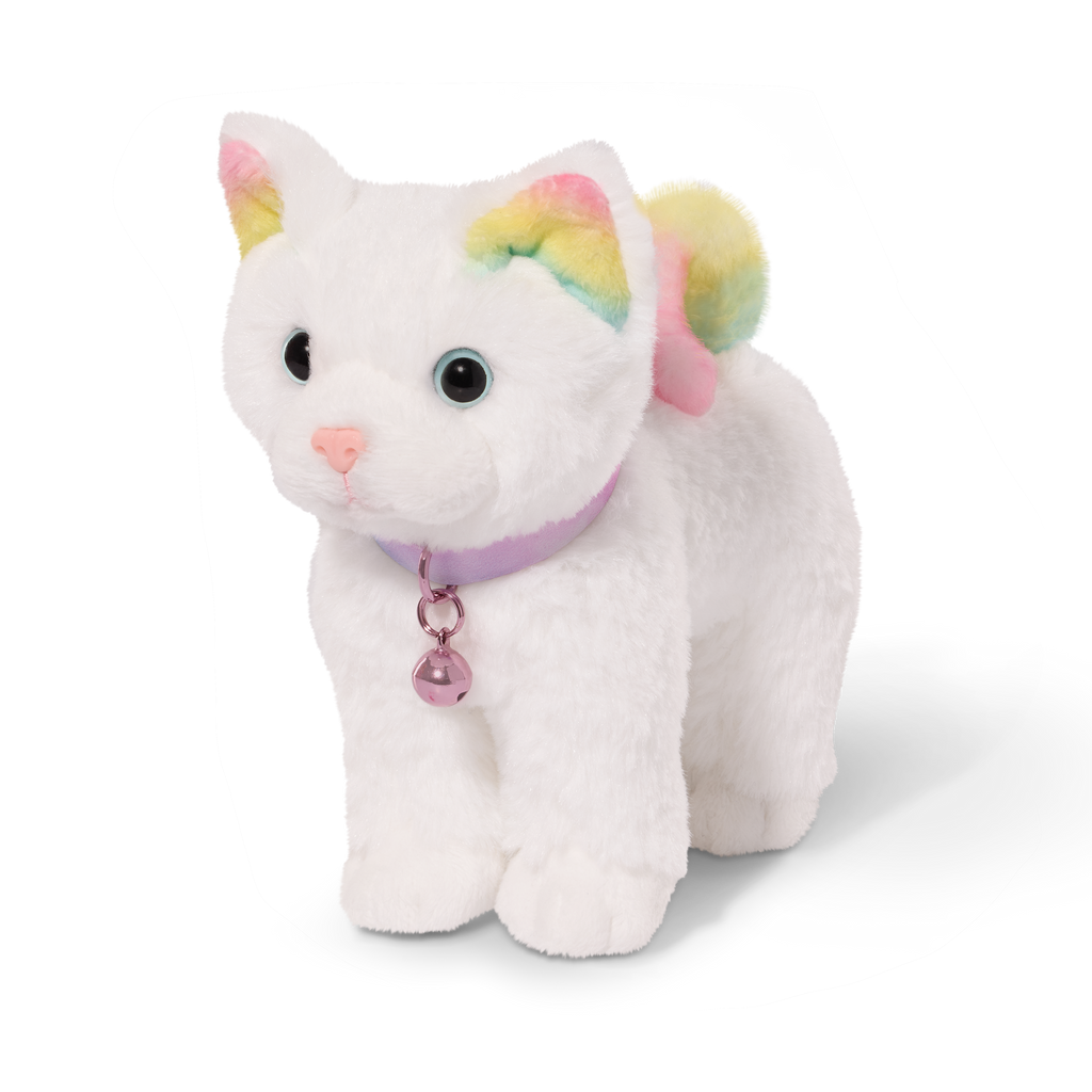 Posable Angora Cat - 15cm Plush Pet with White Fur and Rainbow Ears & Tail - Pets for Dolls - Doll Accessory - Our Generation