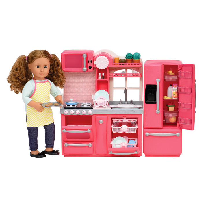 Gourmet Kitchen Set - Pink Kitchen Playset for 46cm Dolls - Doll Accessories - Kitchen with Toy Food - Cooking Accessories - Our Generation