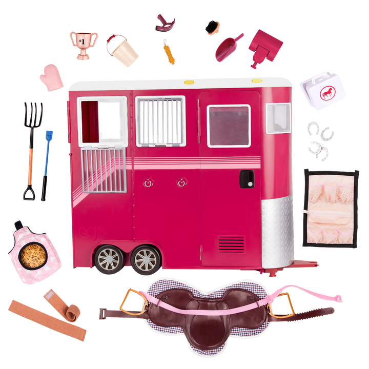 Mane Attraction Horse Trailer - Pink Horse Trailer with Equestrian Accessories - Horse-Rider Doll Accessory Set - Trailer with Car Attachment - Equestrian Accessories for OG Dolls - Award-Winning Toy - Our Generation