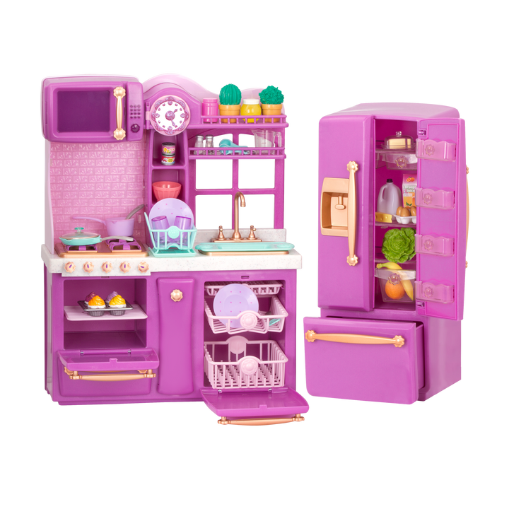 Gourmet Kitchen Set - Lilac Kitchen Playset for 46cm Dolls - Toy Kitchen with Food Accessories - Doll Furniture - Furniture for Dollhouses - Our Generation UK