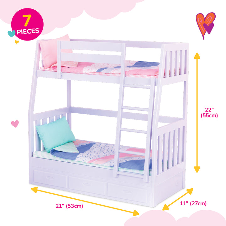 Dream Bunks - Bunk Beds for 46cm Dolls - Lilac Beds with Doll Bedding - Furniture for 46cm Dolls - Dollhouse Furniture - Our Generation UK