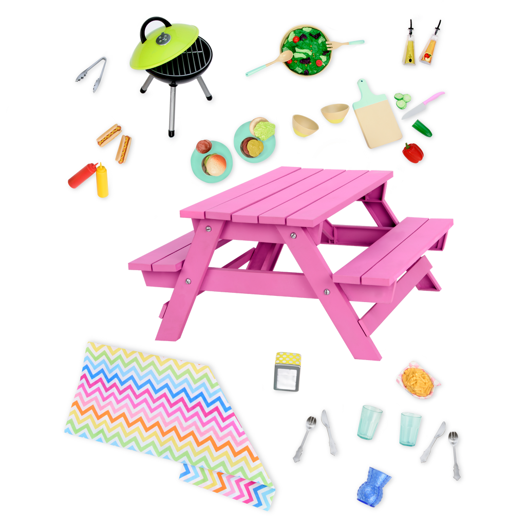 Picnic Table Set - Pink Table & Food Accessories - Our Generation UK