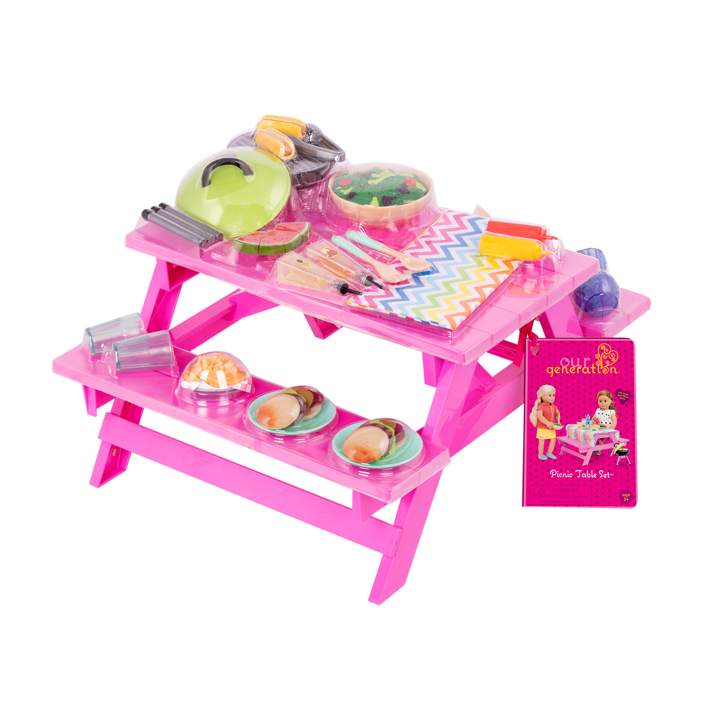 Picnic Table Set - Pink Table & Food Accessories - Our Generation UK