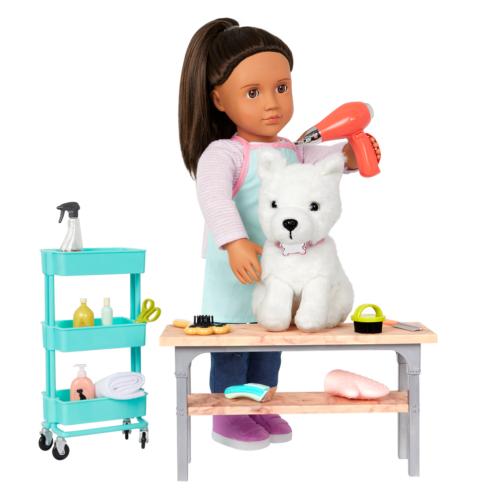 Pet Grooming Set - Grooming Accessories for OG Pets - Grooming Table, Dryer & Apron for Doll - Pet Accessories - Our Generation