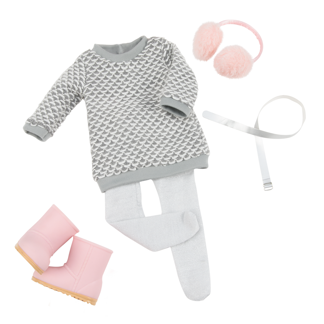 Winter Style - Grey Jumper Dress & Ear Muffs for Dolls - Doll Clothing - Our Generation