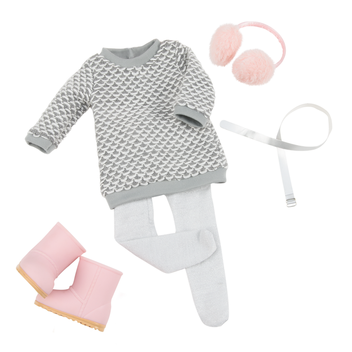 Winter Style - Grey Jumper Dress & Ear Muffs for Dolls - Doll Clothing - Our Generation