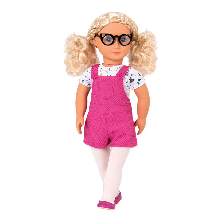 A Splash of Fun - Clothing for 46cm Dolls - Doll Outfit with Pink Overalls, Tights & Top - Doll Glasses - Our Generation