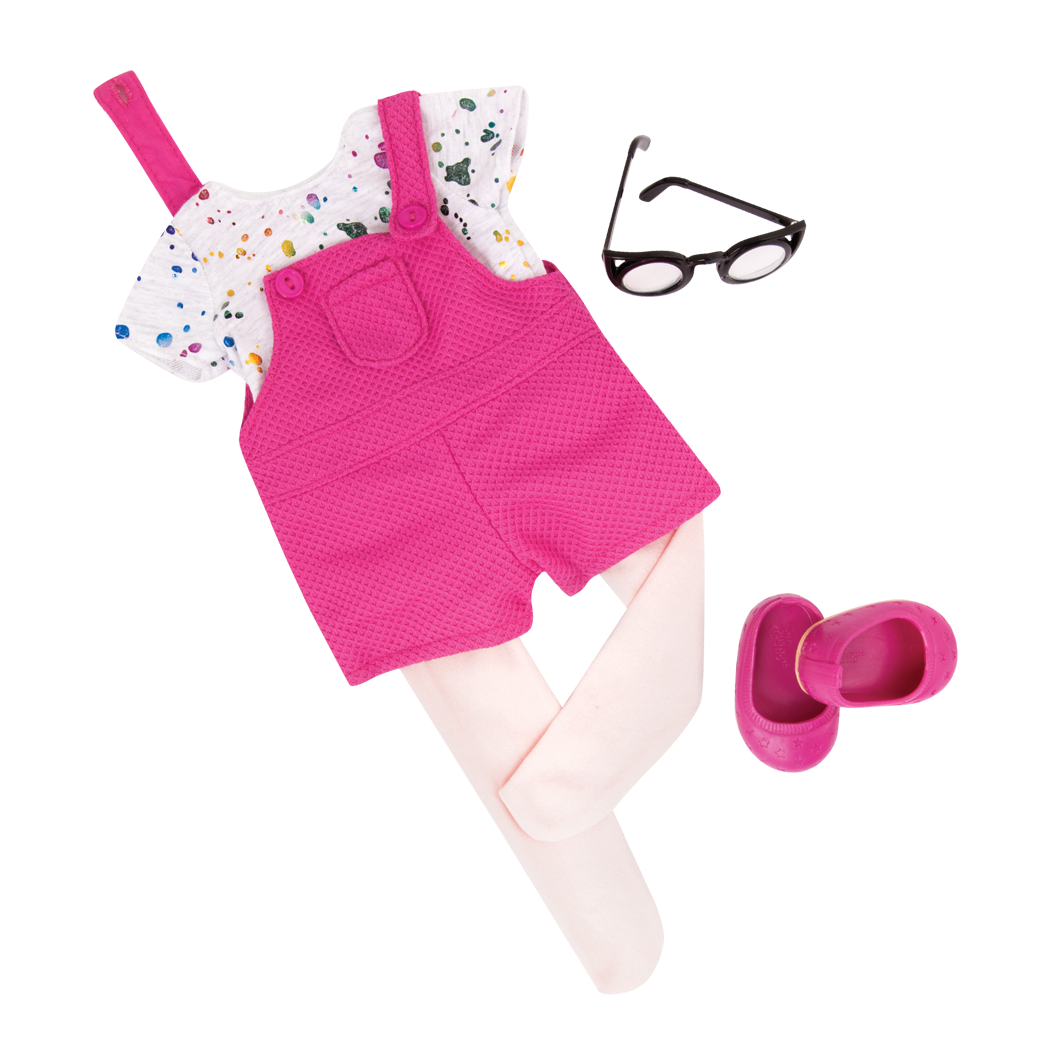 A Splash of Fun - Clothing for 46cm Dolls - Doll Outfit with Pink Overalls, Tights & Top - Doll Glasses - Our Generation