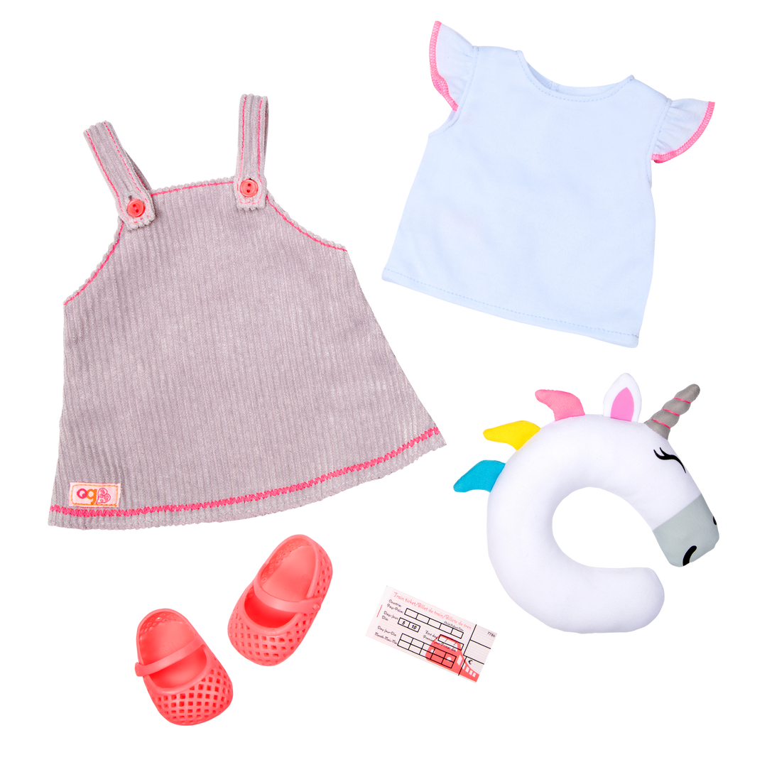 Unicorn Express - Doll Travel Outfit - Dress & Unicorn Neck Pillow - Doll Clothing - Our Generation
