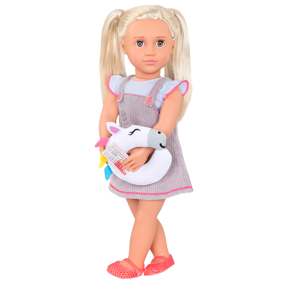 Unicorn Express - Doll Travel Outfit - Dress & Unicorn Neck Pillow - Doll Clothing - Our Generation
