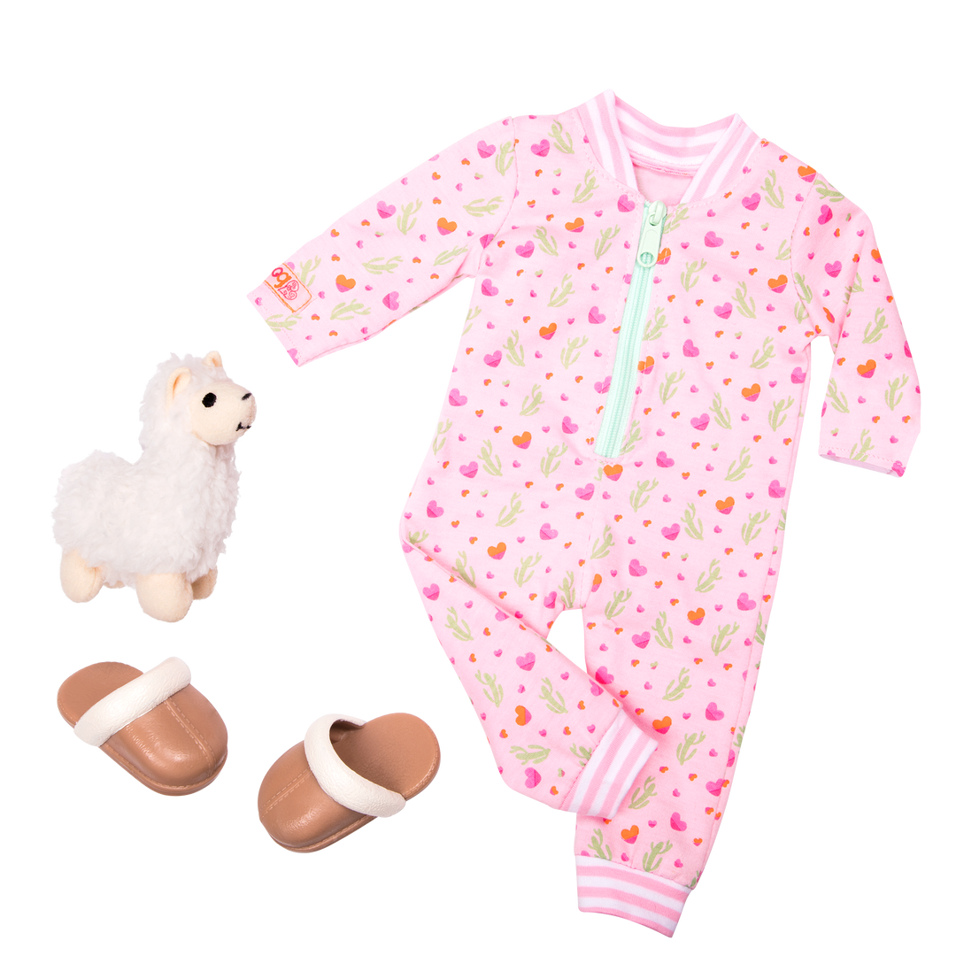 Llama Llullabies - Pyjamas for 46cm Dolls - Doll Onesie, Slippers & Llama Teddy - Doll Clothes - Our Generation