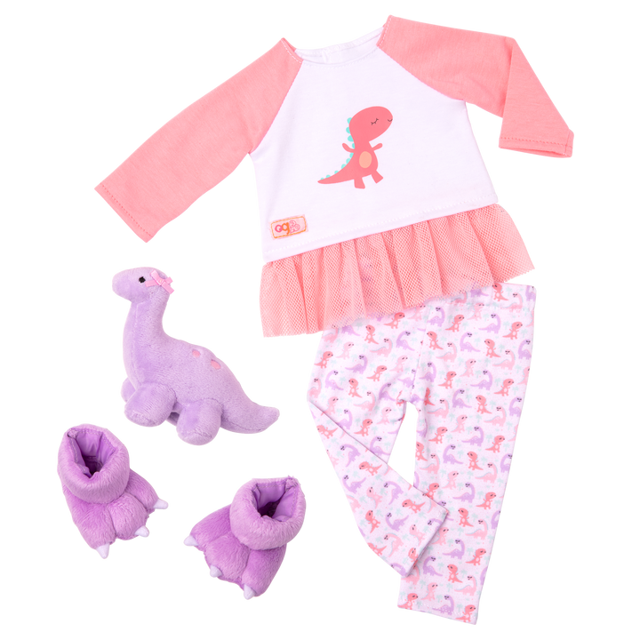 Dream Bright Sleep Tight - Pink & Purple Dinosaur Pyjama Set - 46cm Doll Clothing - Dinosaur Teddy & Slippers - PJ Set - Our Generation UK