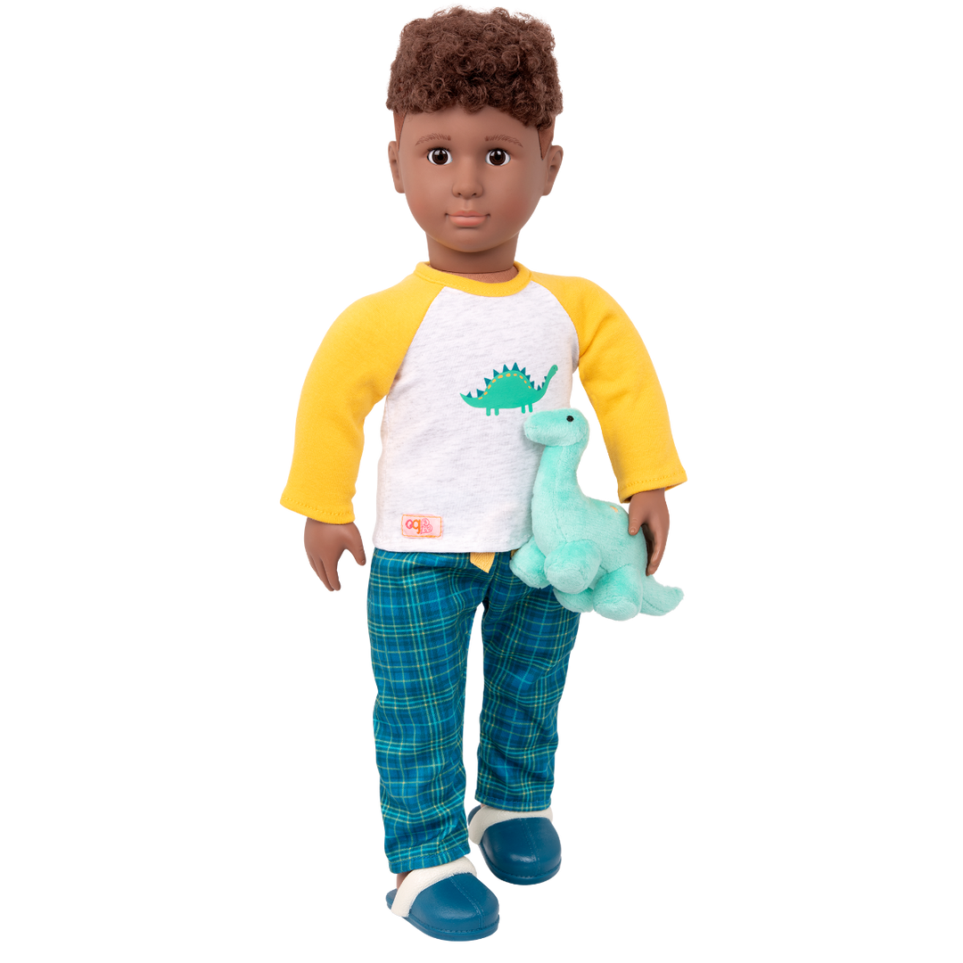 Dino-Snores - 46cm Pyjama Set - Boy Doll Clothes - PJ Set with Dinosaur Pillow for Dolls - Our Generation UK