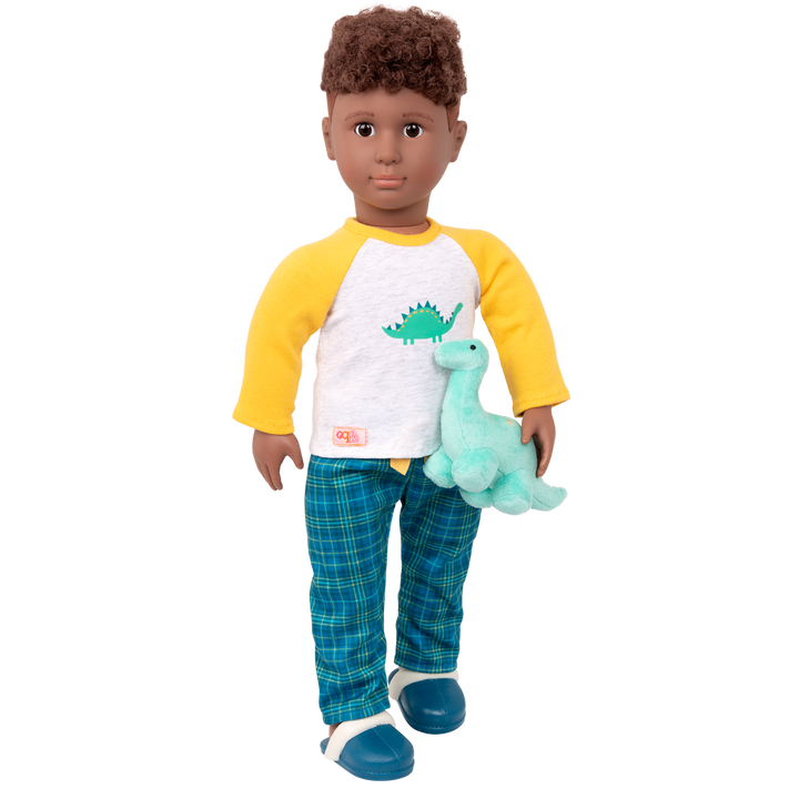 Dino-Snores - 46cm Pyjama Set - Boy Doll Clothes - PJ Set with Dinosaur Pillow for Dolls - Our Generation UK