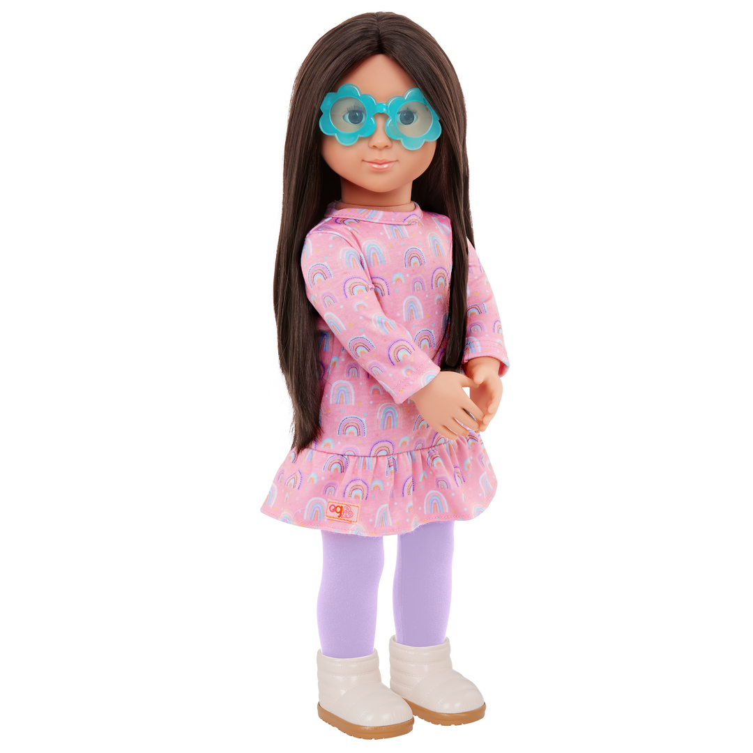 Bright as a Rainbow - Clothing for OG Dolls - Pink Top with Rainbows, Purple Bottoms & Accessories - Doll Outfits - Our Generation