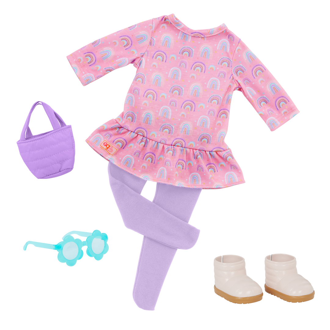 Bright as a Rainbow - Clothing for OG Dolls - Pink Top with Rainbows, Purple Bottoms & Accessories - Doll Outfits - Our Generation