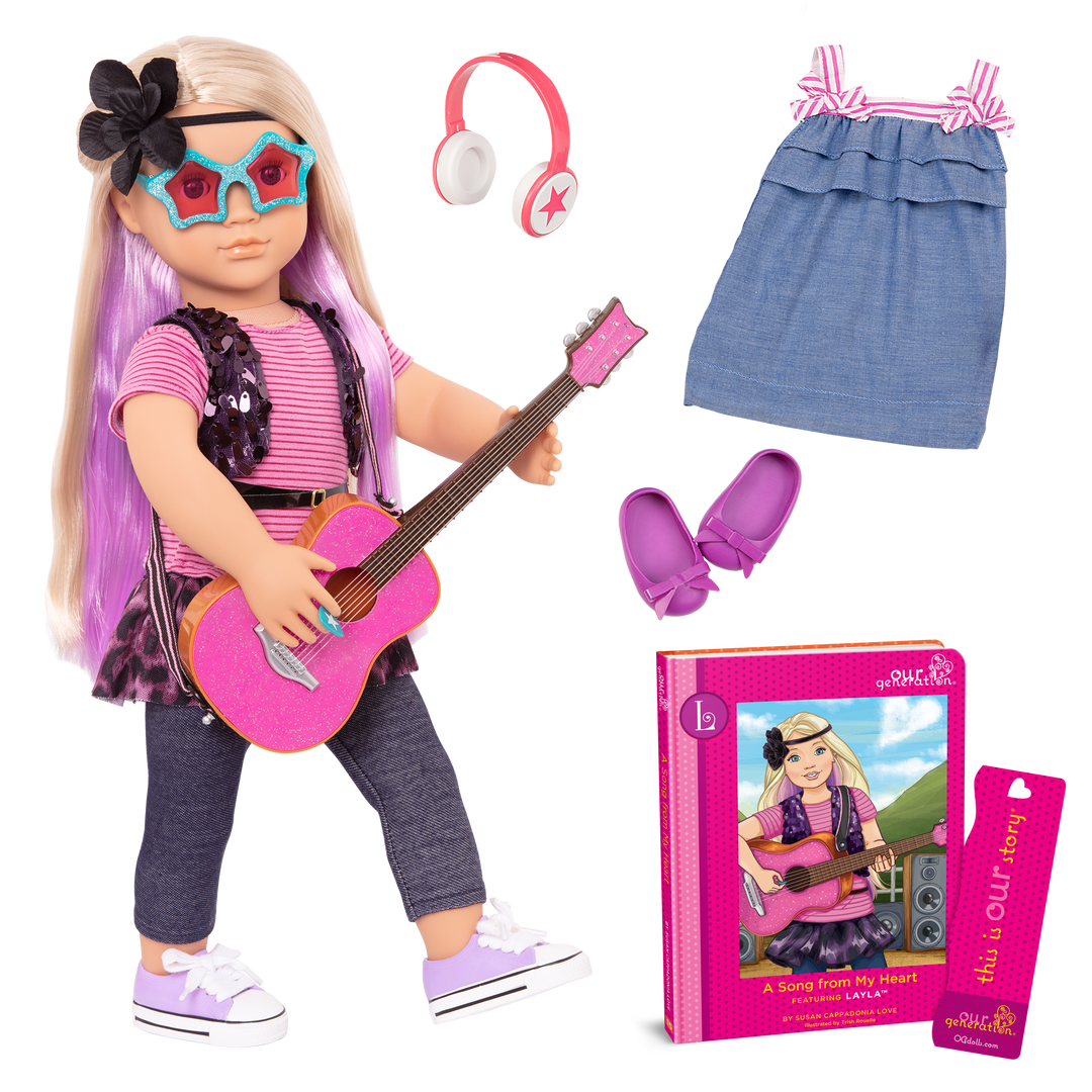 18-inch doll with blonde hair, blue eyes, purple streaks, guitar and storybook