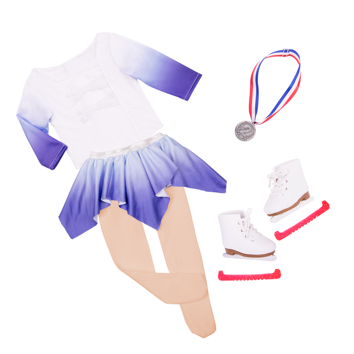 18-inch doll with blonde hair, blue eyes, winter outfits and storybook