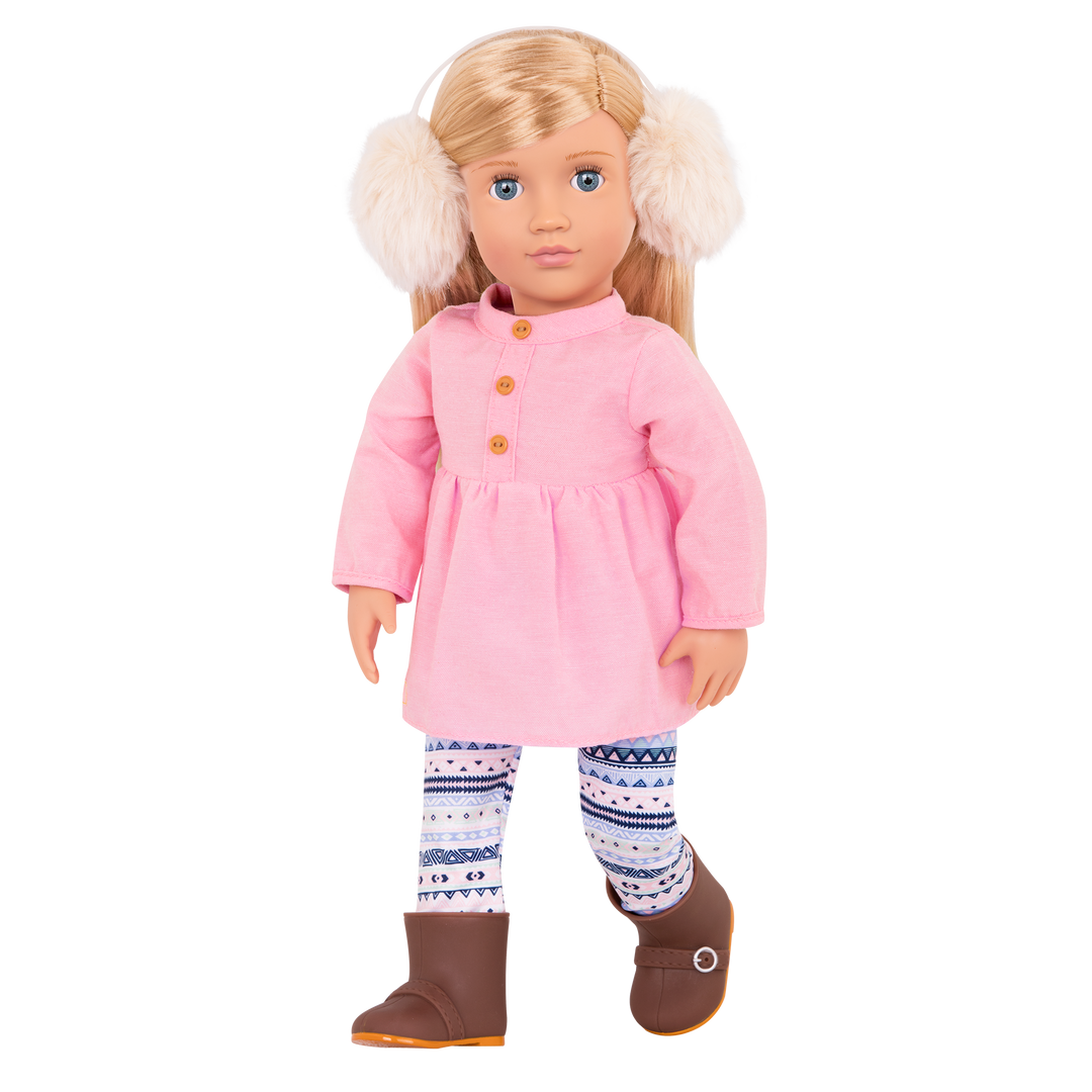 18-inch doll with blonde hair, blue eyes, winter outfits and storybook